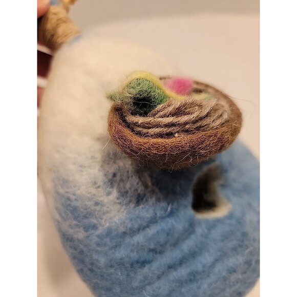 Felted Wool Bird House Nest Handmade Fiber Art Artist Wood Hanger Blue White - Picture 8 of 14